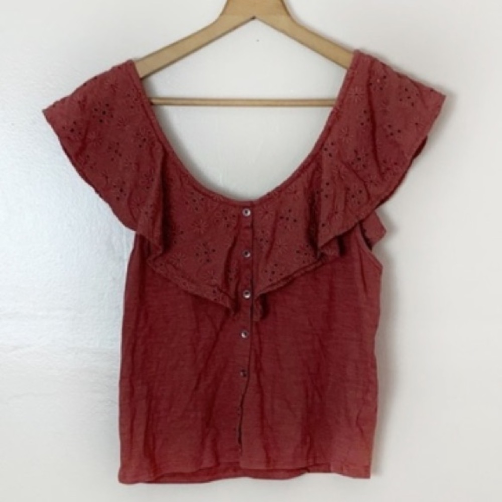 AEO Terracotta Copper Rust Embroidered Eyelet Lace Ruffle Crop Blouse Tank Top - Picture 3 of 10